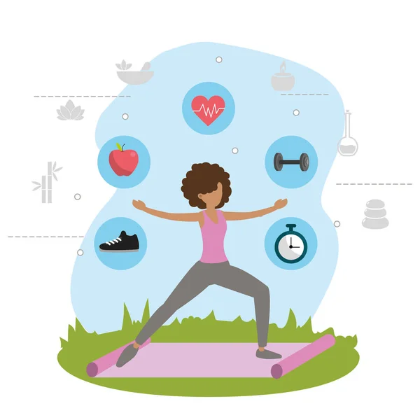 Joven Mujer Haciendo Yoga Pose Aire Libre Con Iconos Dibujos — Vector de stock