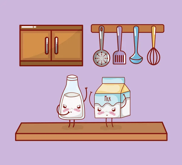 Küche Schwimmendes Regal Mit Geschirr Und Milch Karikatur Kawaii Niedlichen — Stockvektor