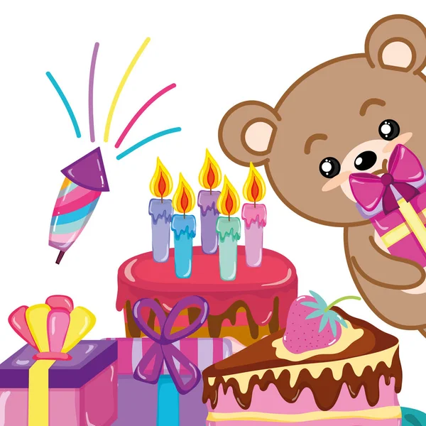 Fiesta Cumpleaños Con Lindo Oso Vector Dibujos Animados Ilustración Diseño — Archivo Imágenes Vectoriales