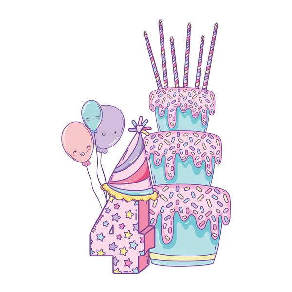 Geburtstagstorte Mit Luftballons Und Nummer Vier Niedlicher Cartoon — Stockvektor