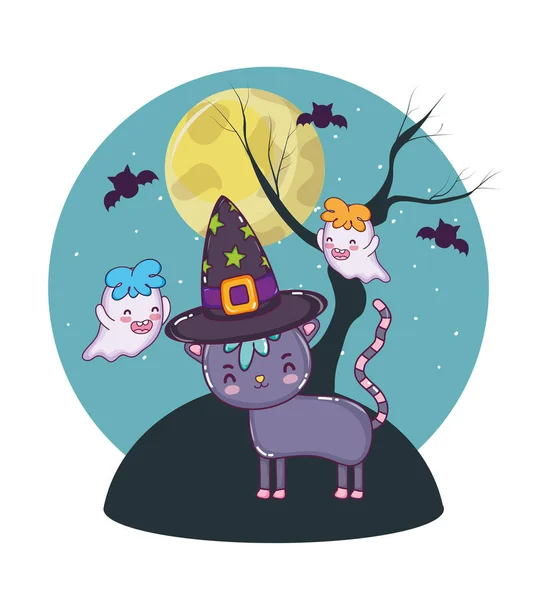Noche Halloween Con Gato Fantasmas Dibujos Animados Lindo Vector Ilustración — Vector de stock