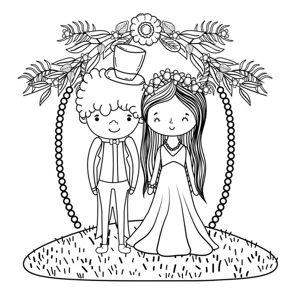 Casamento Casal Natureza Grinalda Decorativa Bonito Desenho Animado Vetor Ilustração — Vetor de Stock