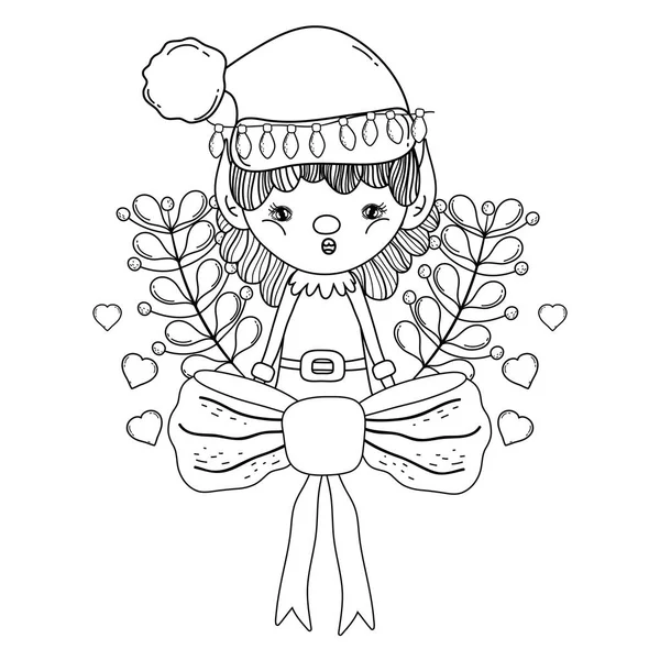可爱的圣诞老人助手与花圈和弓矢量插图设计 — 图库矢量图片