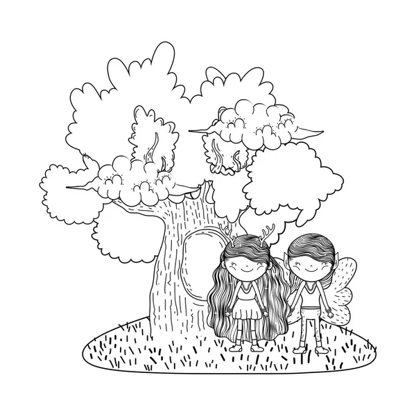 Niedliche Kleine Feen Paar Mit Baum Vektor Illustration Design — Stockvektor