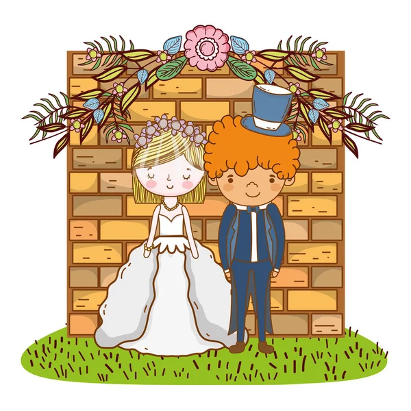 Paar Hochzeit Über Ziegel Wand Niedlich Cartoon Vektor Illustration Grafik — Stockvektor