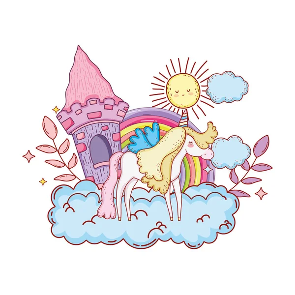 城と虹雲ベクトル イラスト デザインのかわいいユニコーン — ストックベクタ