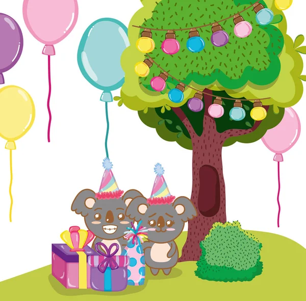 Fiesta Cumpleaños Con Dibujos Animados Koalas Lindo Vector Ilustración Diseño — Vector de stock