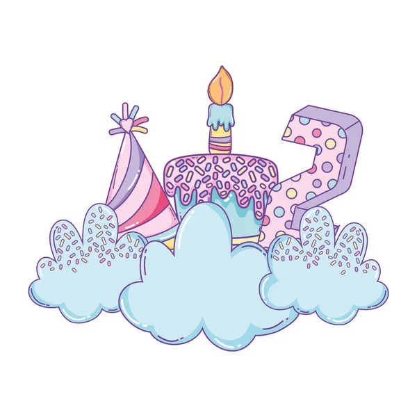 Feliz Cumpleaños Número Dos Con Pastel Sombrero Las Nubes Dibujos — Vector de stock