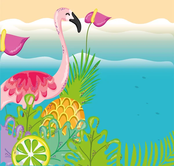Tropikal Plaj Manzara Tema Kuş Elemanları Ile Vektör Çizim Grafik — Stok Vektör