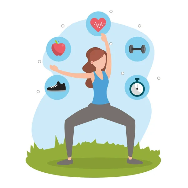 Joven Mujer Haciendo Yoga Pose Aire Libre Con Iconos Dibujos — Vector de stock