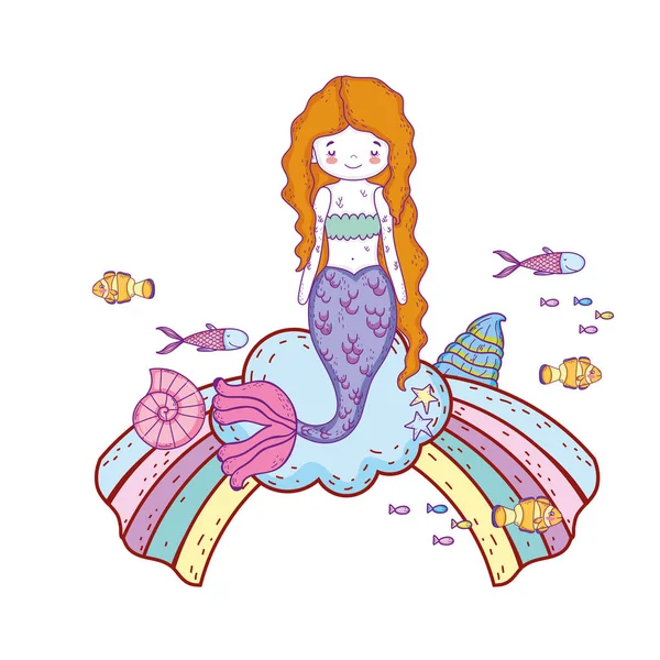可爱的美人鱼与云和彩虹矢量插图设计 — 图库矢量图片