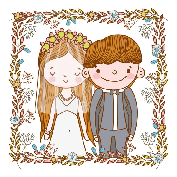 Paar Hochzeit Blätter Snd Blumen Kranz Niedlich Cartoon Vektor Illustration — Stockvektor