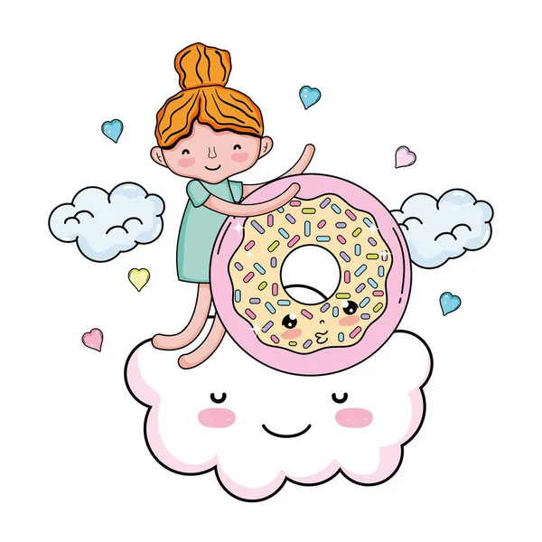 Niña Con Dulce Donut Kawaii Carácter Vector Ilustración Diseño — Vector de stock