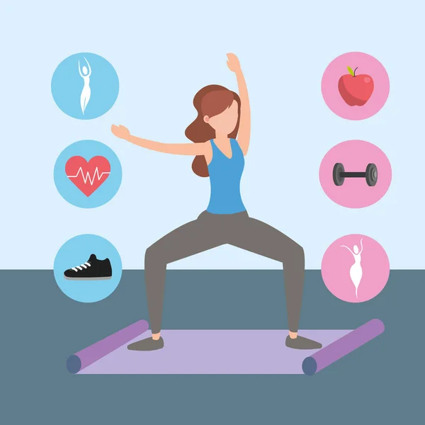 Young Woman Doing Yoga Pose Exercise Mat Icons Cartoon — Stock Vector