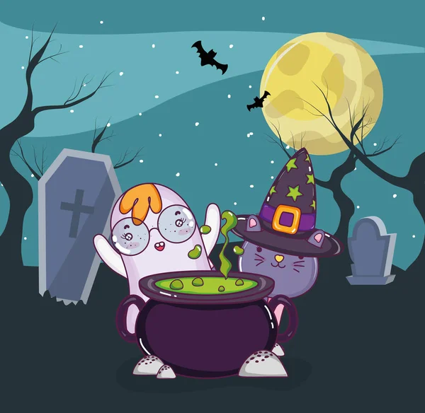 Noche Halloween Con Fantasma Gato Dibujos Animados Vector Ilustración Diseño — Vector de stock
