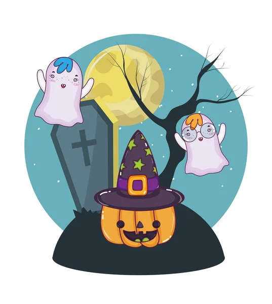 Halloween Duchové Létající Kolem Hřbitova Noci Vektorové Ilustrace Grafický Design — Stockový vektor