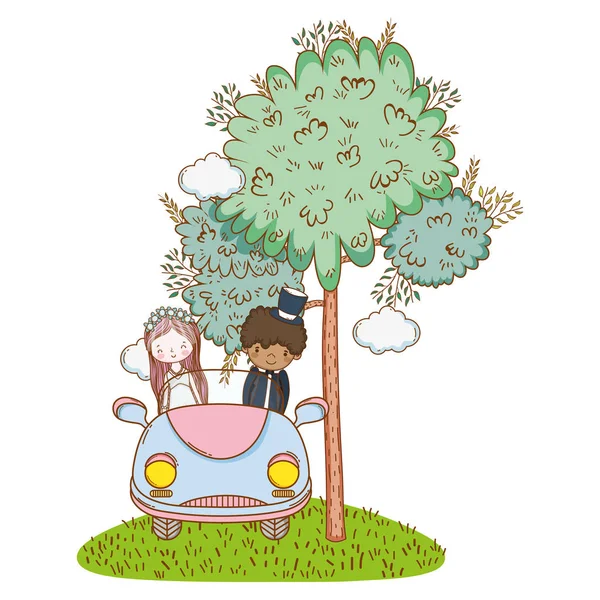 Boda Pareja Matrimonio Vendimia Coche Naturaleza Lindo Vector Dibujos Animados — Vector de stock