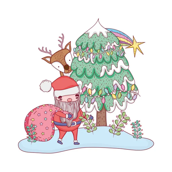Niedlichen Weihnachtsmann Mit Tasche Und Hirsch Vektor Illustration Design — Stockvektor