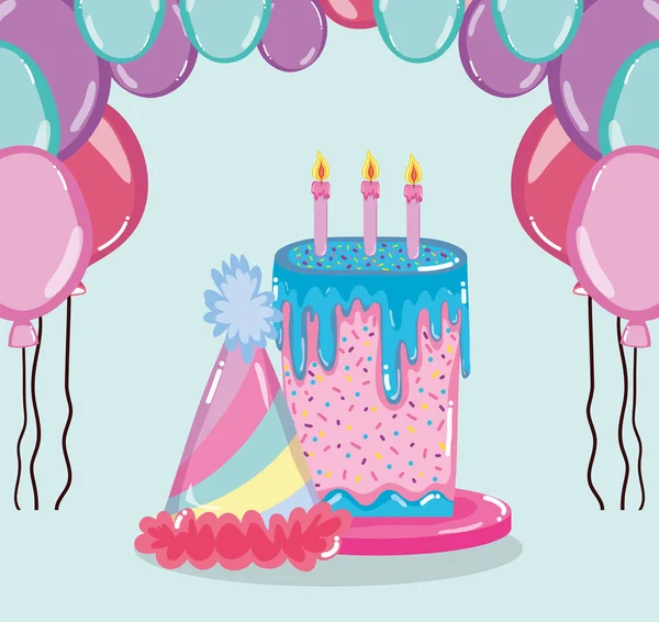 Doğum Günü Pastası Balonlar Vektör Çizim Grafik Tasarım Ile Şapka — Stok Vektör