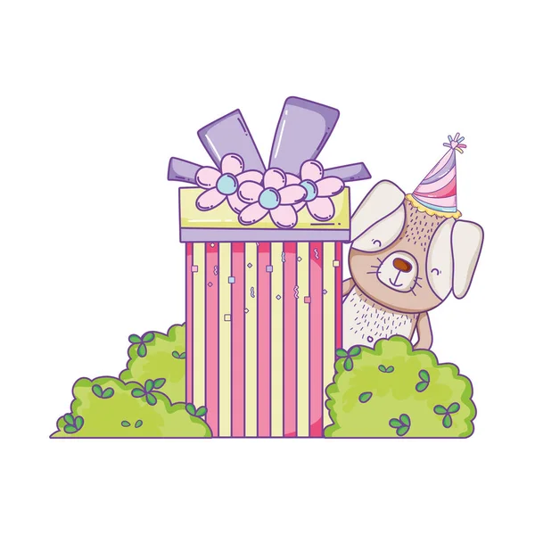 愉快的生日狗与礼品盒在灌木向量例证图则设计 — 图库矢量图片
