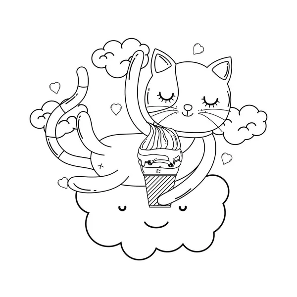 Roztomilý Kočka Zmrzlinou Cloudu Vektorové Ilustrace Designu — Stockový vektor
