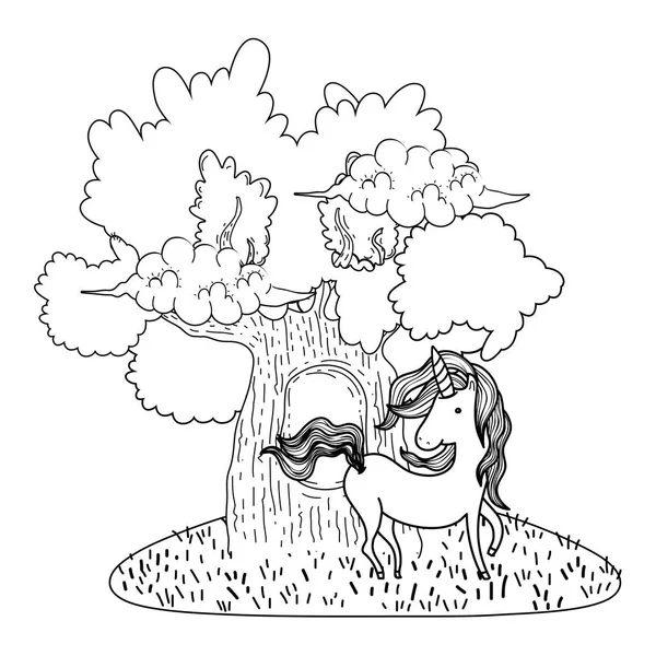 Παραμύθι Χαριτωμένο Μονόκερος Δέντρο Σχεδιασμό Εικονογράφηση Διάνυσμα — Διανυσματικό Αρχείο