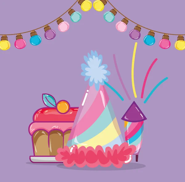 Gâteau Anniversaire Chapeau Avec Des Lumières Fanions Illustration Vectorielle Design — Image vectorielle