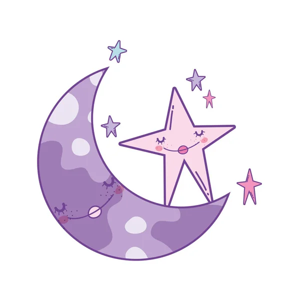 Χαριτωμένο Φεγγάρι Και Αστέρια Χαμογελώντας Κινούμενα Σχέδια Διανυσματικά Εικονογράφηση Γραφιστικής — Διανυσματικό Αρχείο