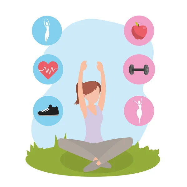 Young Woman Doing Yoga Pose Sitting Outdoors Icons Cartoon Vector — Stock Vector