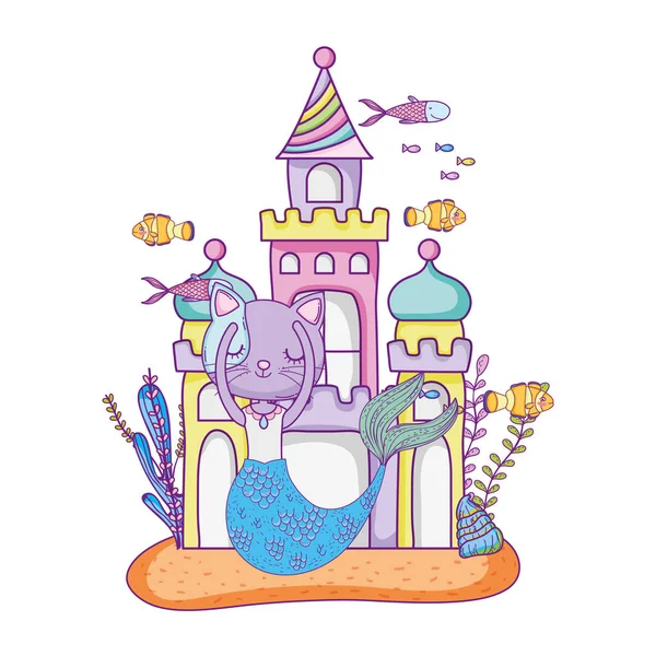 Cute Purrmaid Castle Undersea Vector Illustration Design — Stock Vector