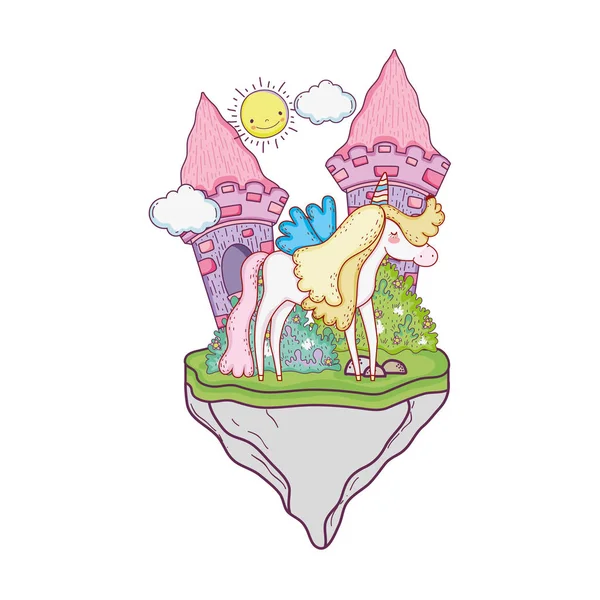 Lindo Unicornio Con Nubes Castillo Ilustración Del Vector Paisaje — Archivo Imágenes Vectoriales