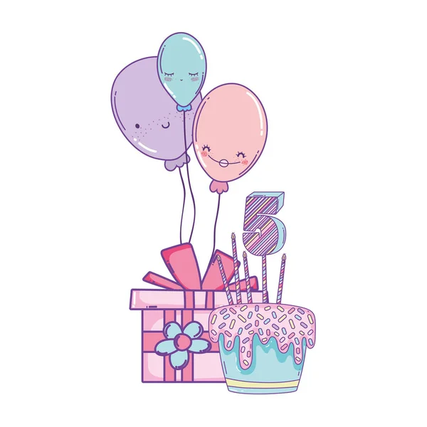 生日蛋糕与礼物和气球可爱的动画片 — 图库矢量图片
