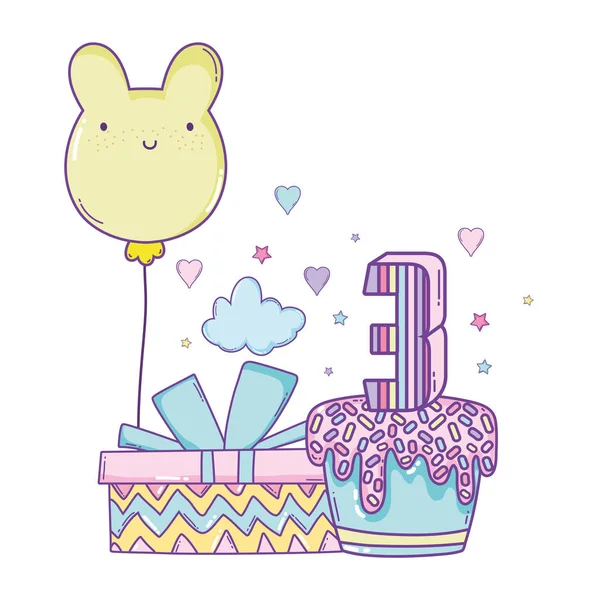 幸せな誕生日ギフト箱と風船漫画ベクトル イラスト グラフィック デザインとケーキ — ストックベクタ