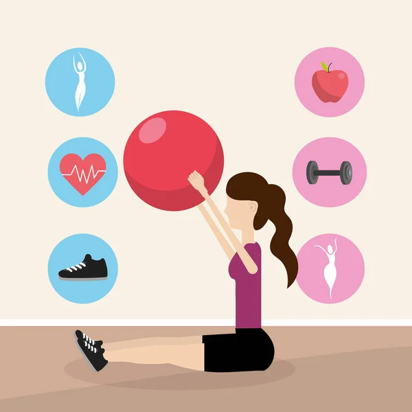 Молодая Женщина Растягивается Мячом Упражнения Иконы Мультфильм — стоковый вектор