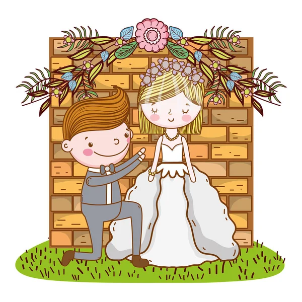 Couple Wedding Cute Cartoon Bricks Entrance Vector Illustration Graphic Design — Stock Vector