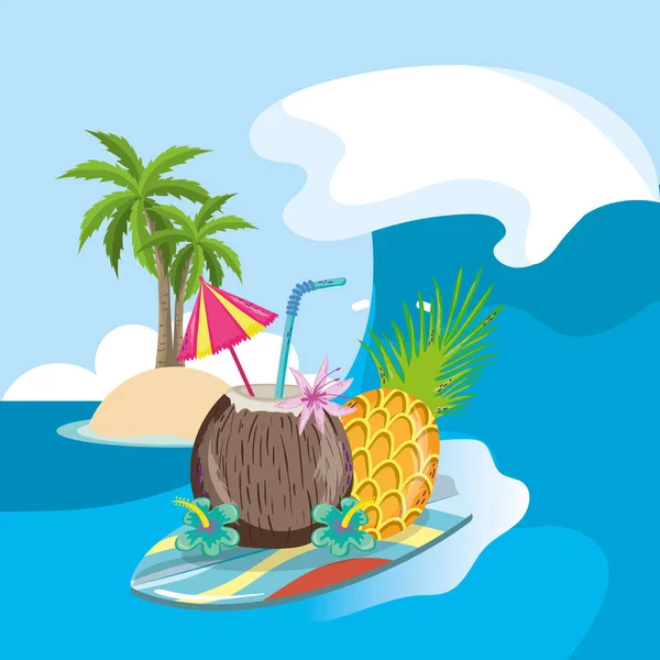 Tema Cenário Praia Tropical Com Coquetel Elementos Ilustração Vetorial Design — Vetor de Stock