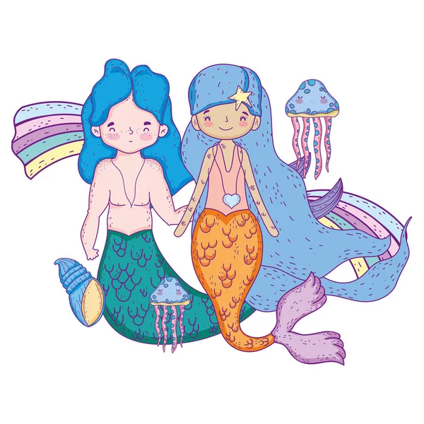 Couple Mermaids Rainbow Undersea Vector Illustration Design — Stock Vector