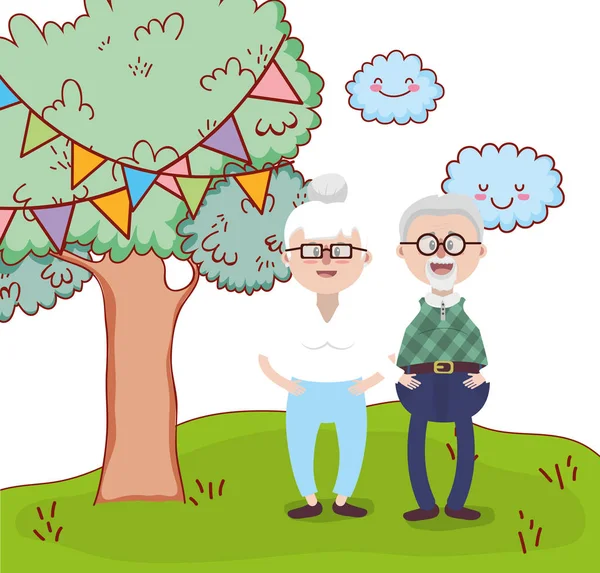 Abuelos Amor Pareja Juntos Parque Dibujos Animados Vector Ilustración Diseño — Vector de stock