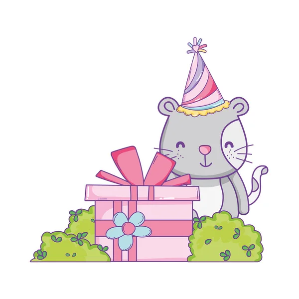 Happy birthday cat with giftbox on bushes vector illustration graphic design