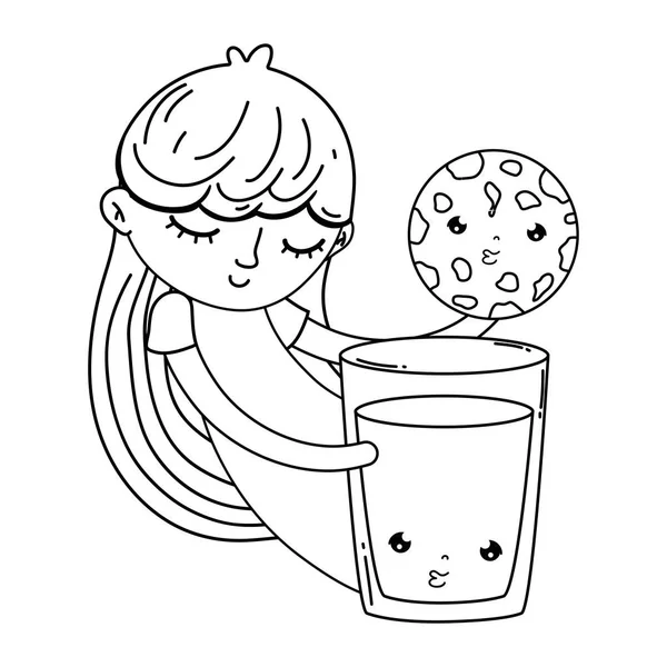 Маленькая Девочка Молоком Печеньем Кавайи Характер Векторной Иллюстрации Дизайн — стоковый вектор