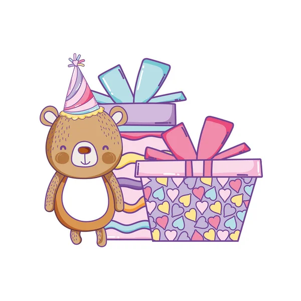 Feliz Aniversário Urso Com Caixas Presente Chapéu Vetor Ilustração Design — Vetor de Stock