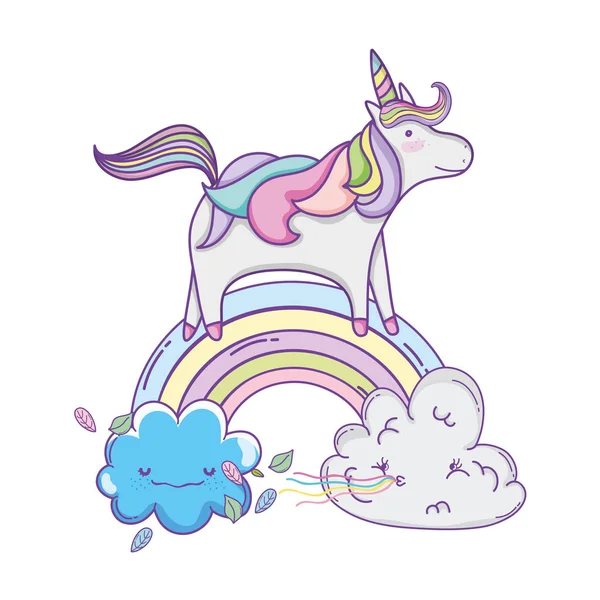 Lindo Unicornio Volando Nube Con Arco Iris Vector Dibujos Animados — Archivo Imágenes Vectoriales