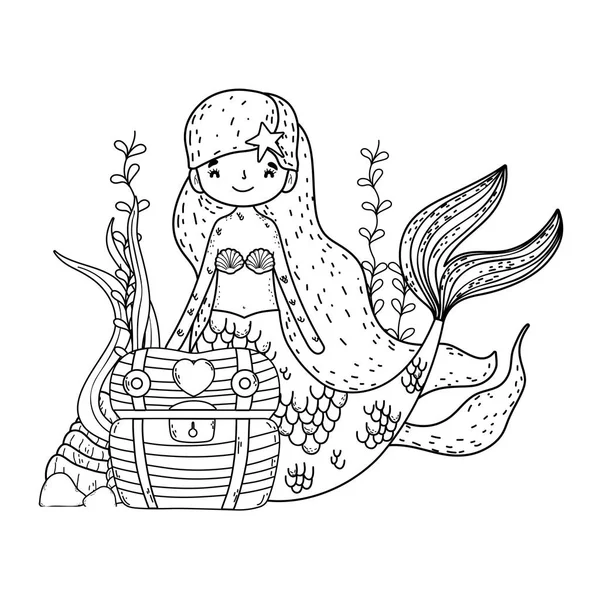 Mermaid Treasure Chest Undersea Scene Vector Illustration Design — Stock Vector