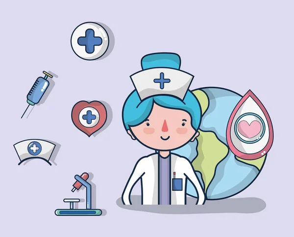 妇女医生和献血竞选漫画向量例证图设计 — 图库矢量图片