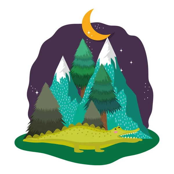 Roztomilý Krokodýl Krajině Noční Vektorové Ilustrace Design — Stockový vektor