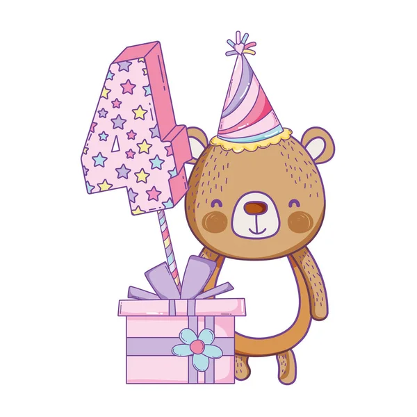 Happy Birthday Bear Number Four Gift Box Cartoon Vector Illustration — 图库矢量图片