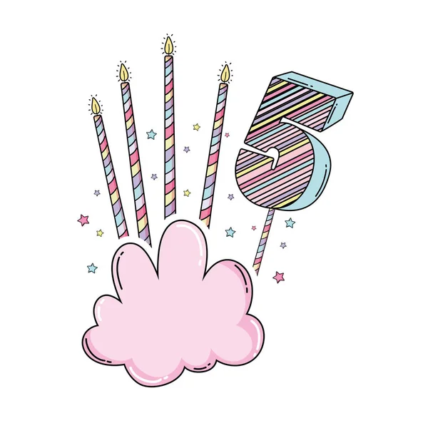 Birthday Number Five Cloud Candles Cute Cartoons — Stock Vector