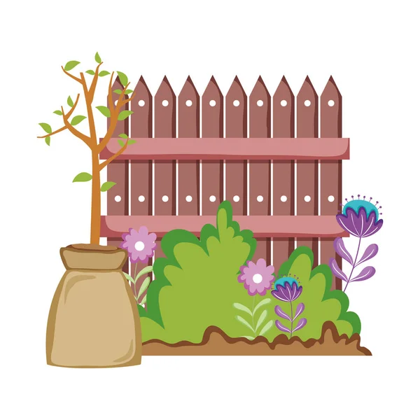 Dřevěný Plot Zahradní Květiny Scénu Vektorové Ilustrace Design — Stockový vektor