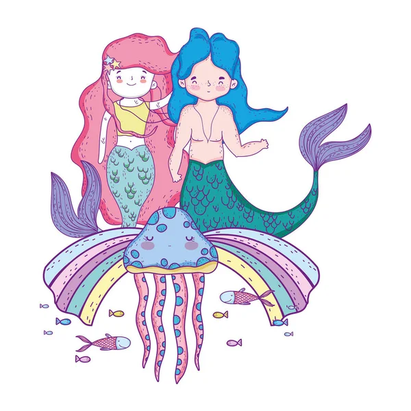 Couple Mermaids Rainbow Undersea Vector Illustration Design — Stock Vector