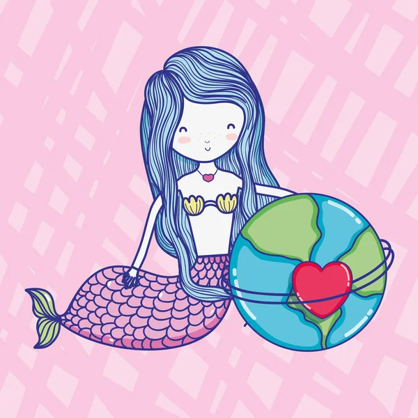 Mořská Panna Svět Srdce Krásné Roztomilé Kresby Vektorové Ilustrace Grafický — Stockový vektor